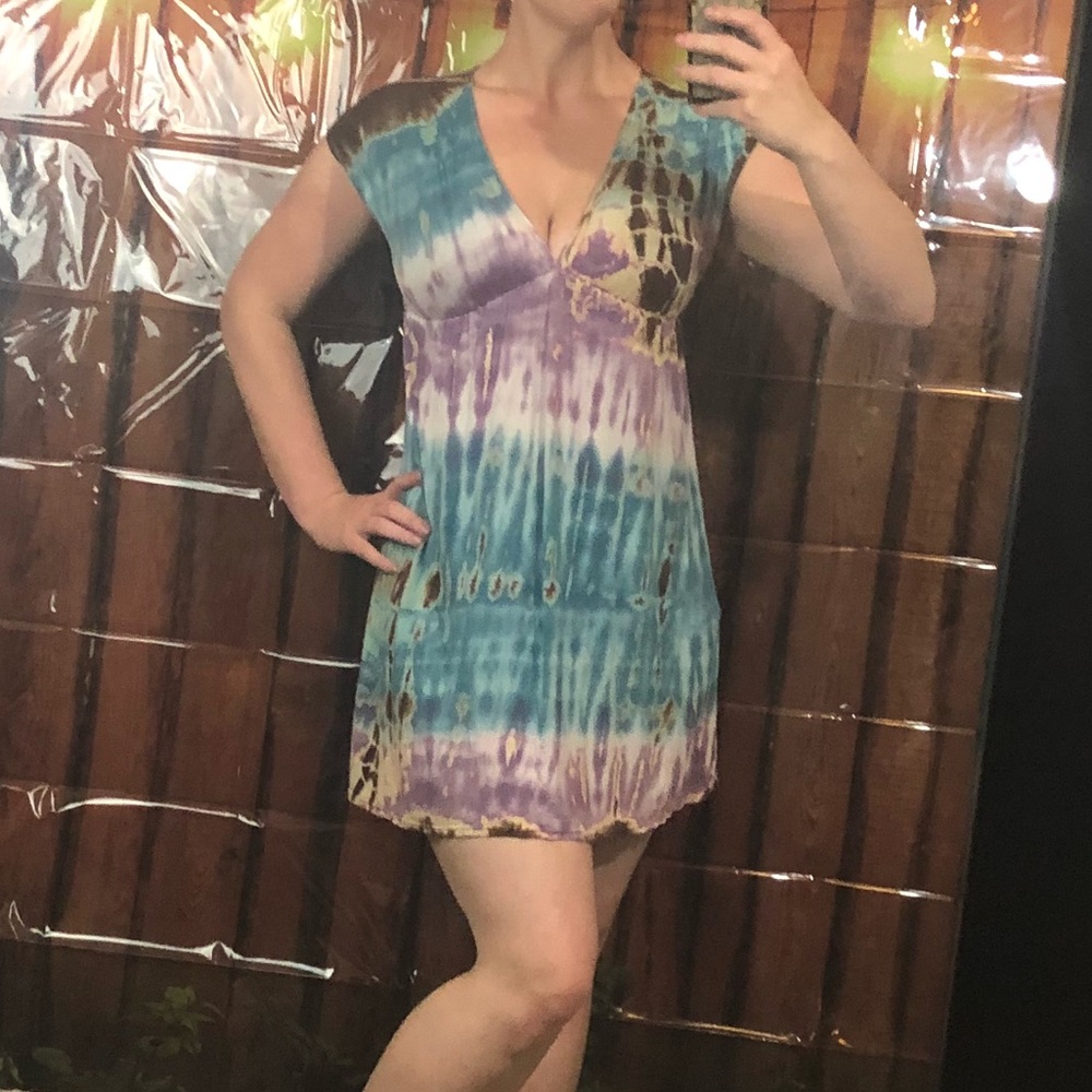 Boho tie die hippie sun dress empire waist beach